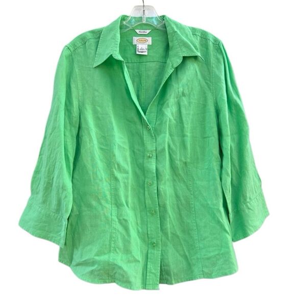 Talbots Vintage Women's Irish Linen Button-Front V Neck Blouse in Green - Large - Picture 1 of 6